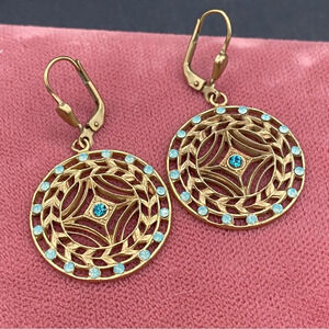 Elegant Goldtone Ornate Filigree Earrings with Blue Gem Accents